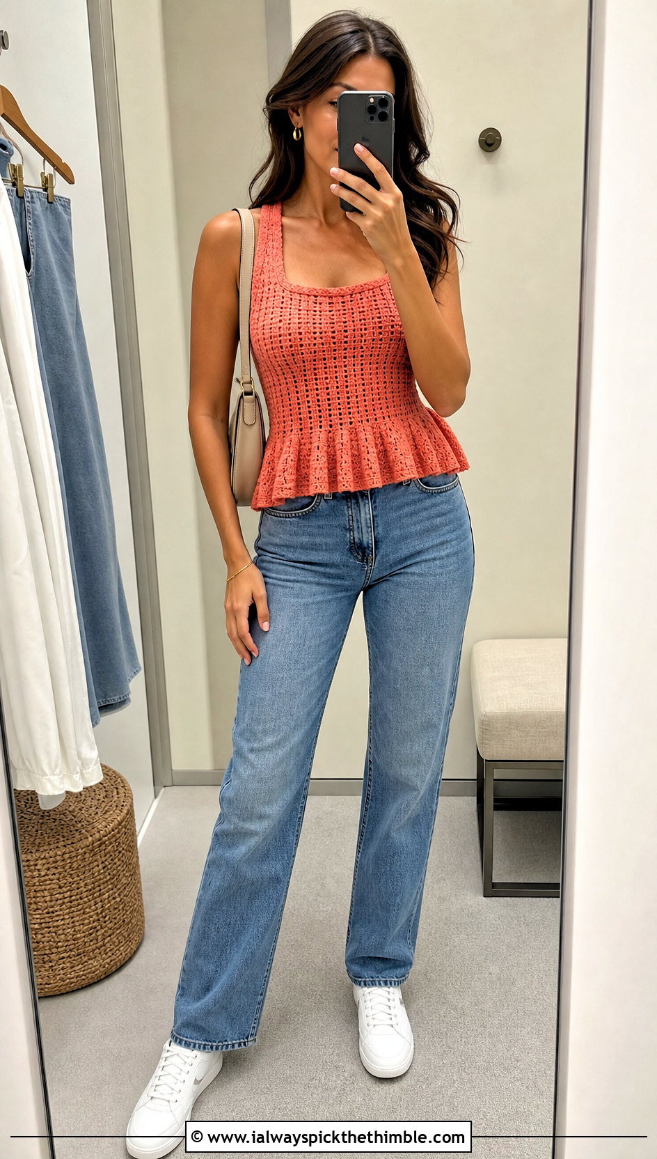 Peplum Crochet Tie Back Top With Straight Leg Jeans - 20 crochet tie back top outfit ideas