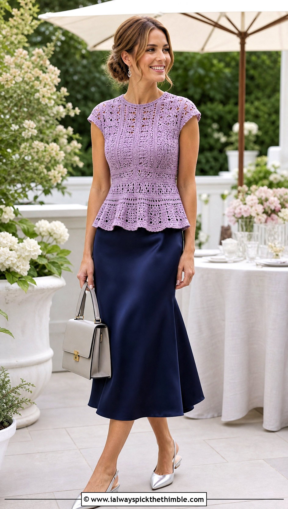 Peplum Crochet Top With Satin Midi Skirt - 25 easy crochet summer tops outfit ideas
