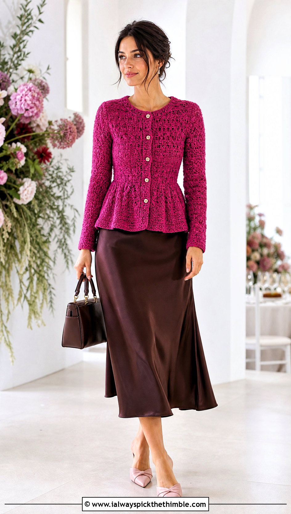 Peplum Crochet Tweed Jacket With Satin Midi Skirt - 20 crochet tweed jacket outfit ideas