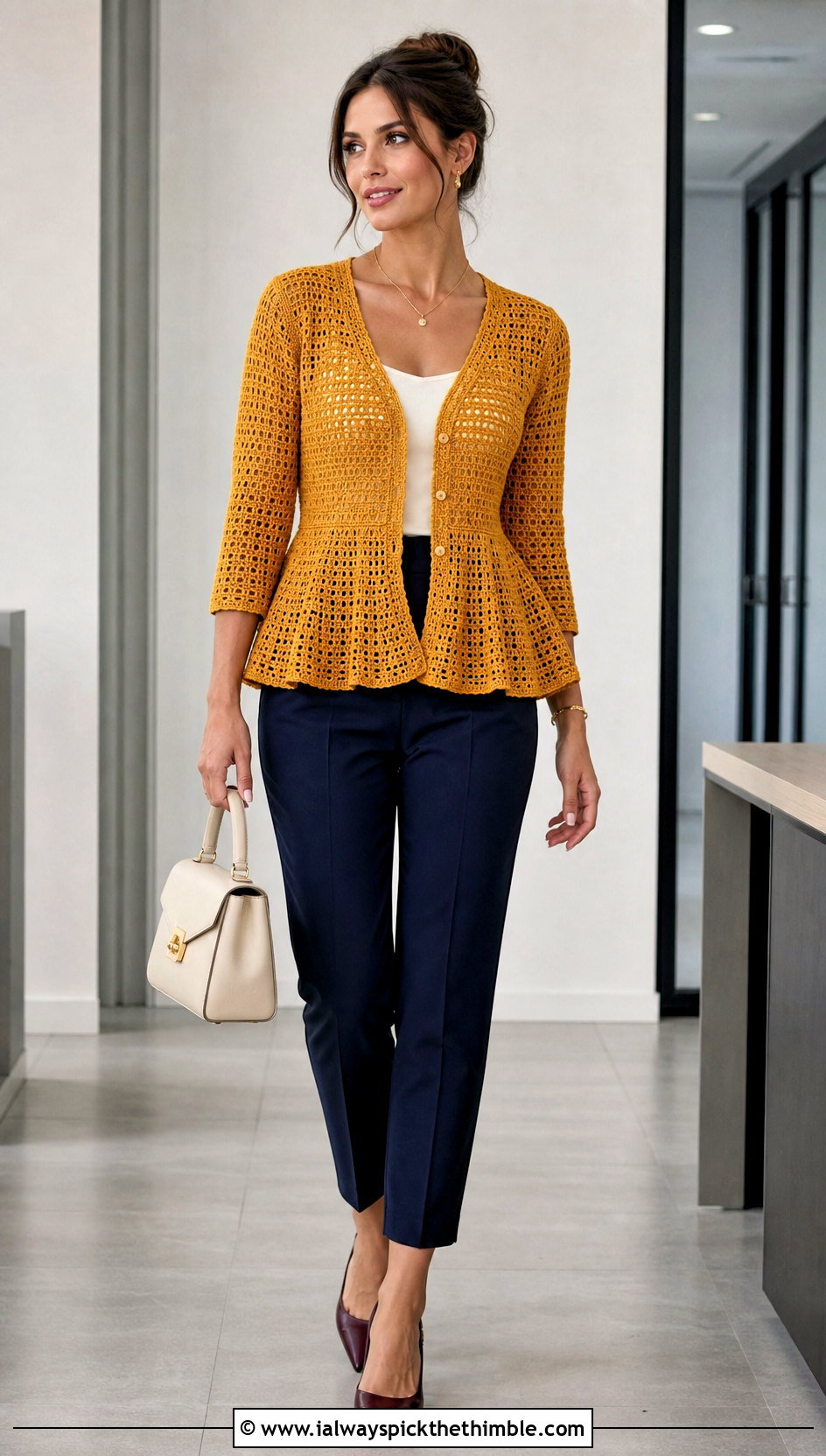 Peplum Filet Crochet Cardigan With Tailored Ankle Pants - 20 filet crochet cardigan outfit ideas