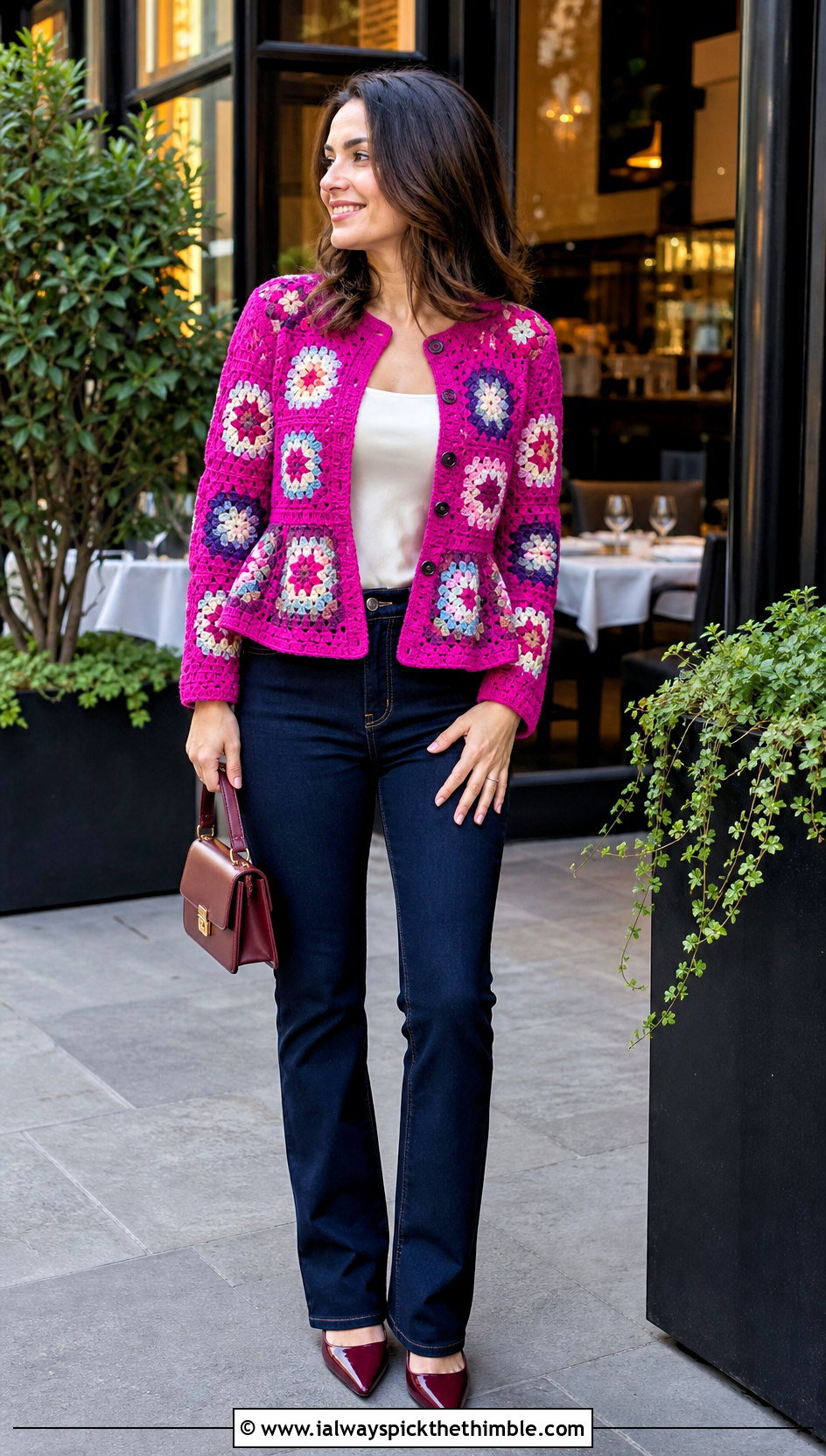 Peplum Granny Square Cardigan With Slim Jeans - 25 crochet granny stitch sweater outfit ideas