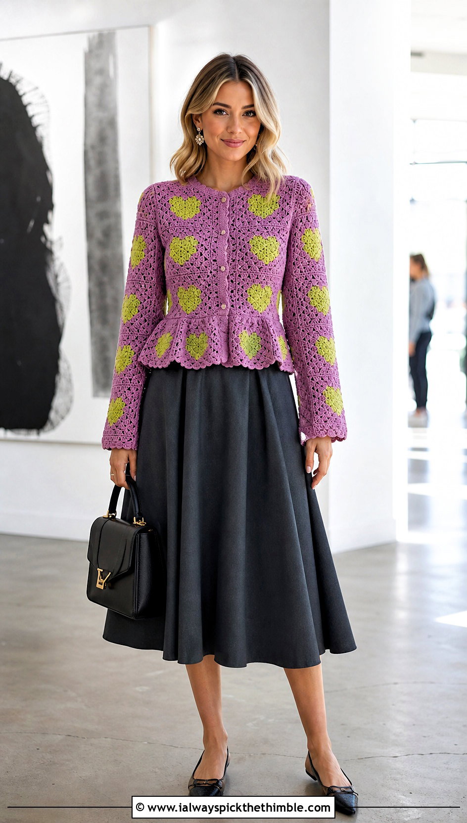 Peplum Heart Granny Square Cardigan With A Line Skirt - 25 Heart Granny Square Cardigan outfit ideas