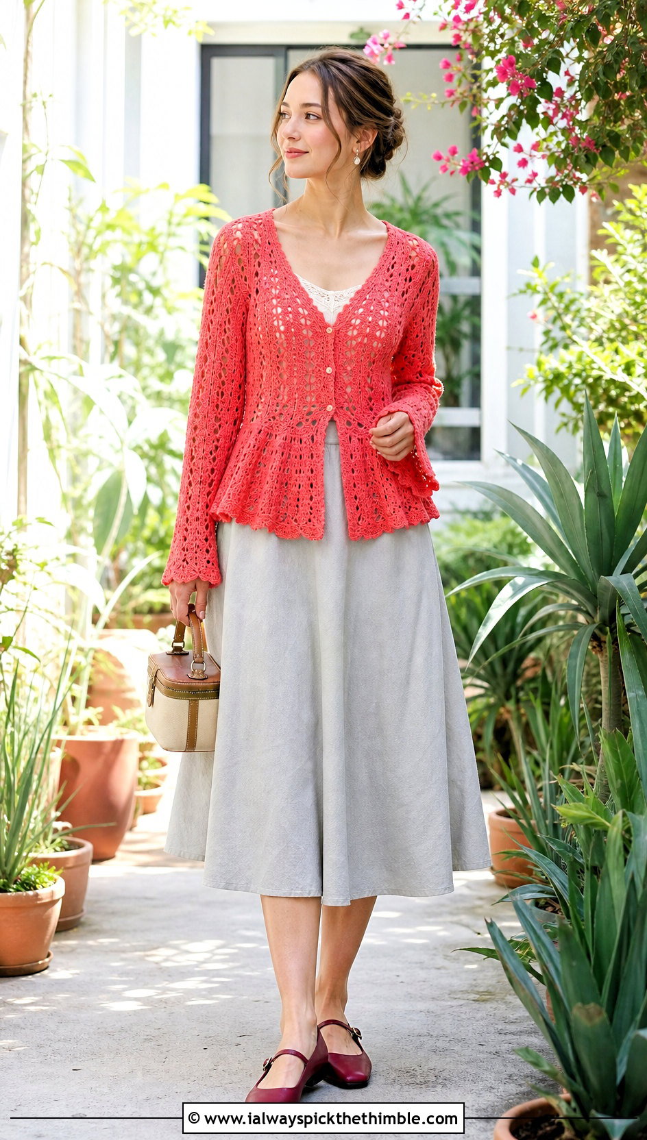 Peplum Lace Crochet Cardigan With A Line Skirt - 20 Lacy Crochet Cardigan outfit ideas