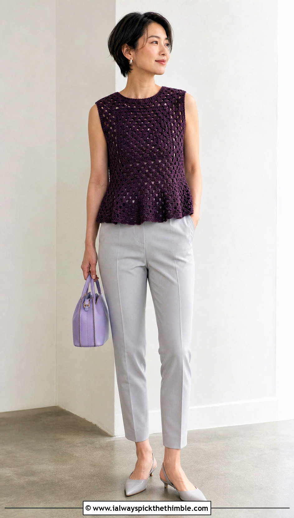 Peplum Single Granny Square Top With Cigarette Pants - 20 single granny square top outfit ideas