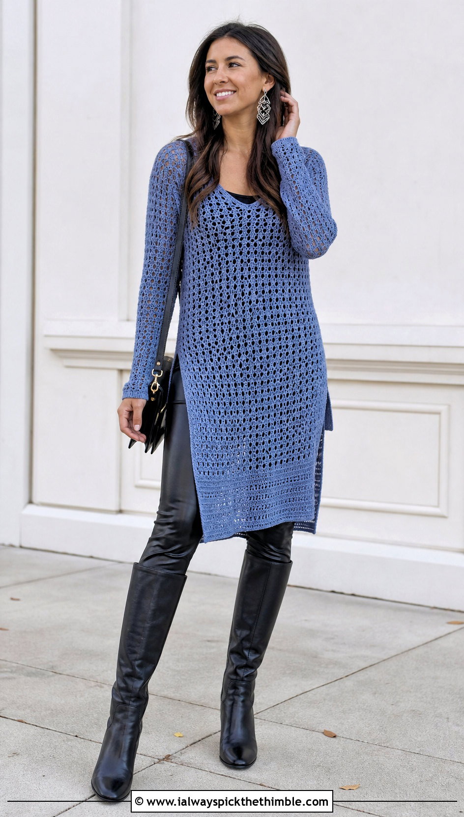 Periwinkle Crochet Tunic With Leather Leggings - 20 Pastel Crochet Clothes and outfit ideas