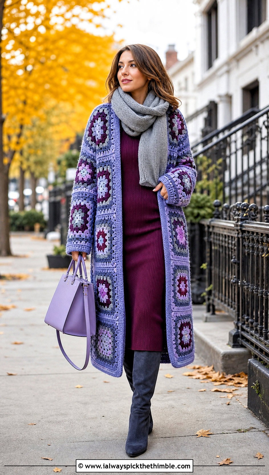 Periwinkle Granny Square Cardigan Coat With Knit Dress - 20 blue granny square cardigan outfit ideas