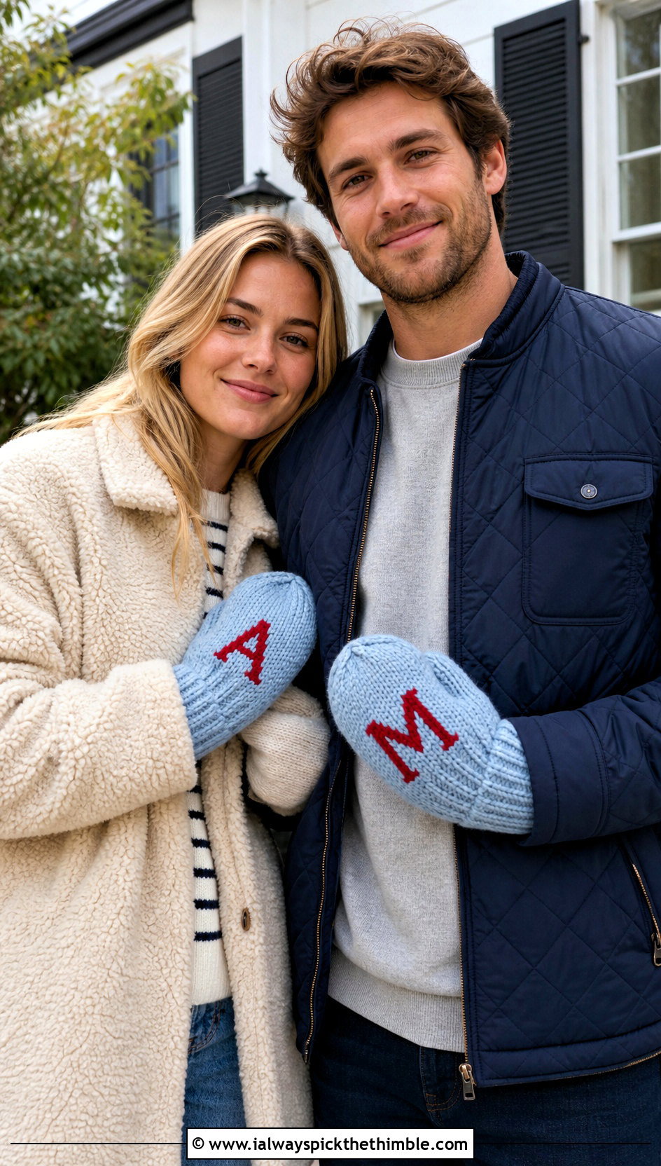 Personalized Initial Couple Mittens With Casual Coats - 20 crochet couple mittens outfit ideas