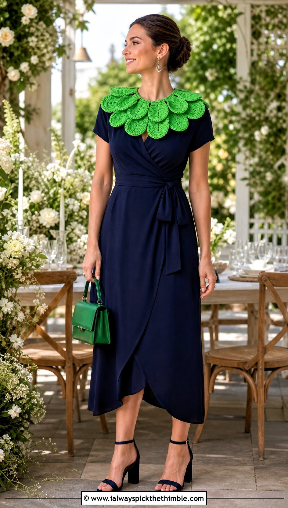 Petal Ruffle Crochet Clown Collar With Wrap Dress And Block Heels - 25 crochet clown collar outfit ideas