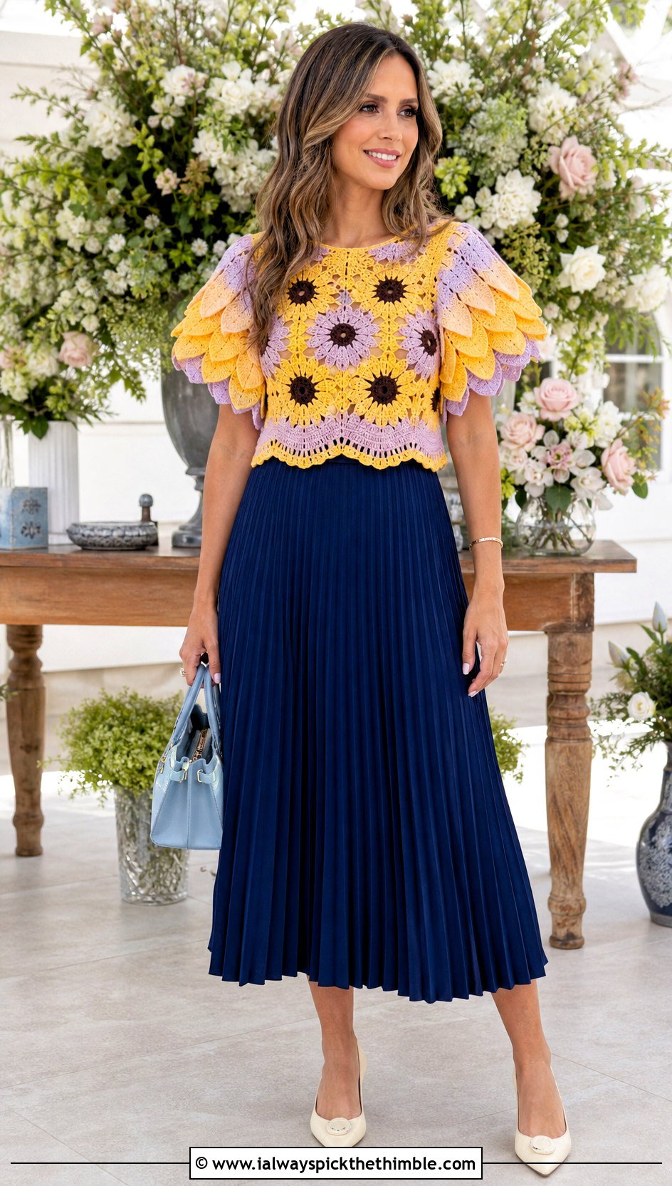 Petal Sleeve Crochet Top With Pleated Midi Skirt - 25 crochet top sleeves outfit ideas