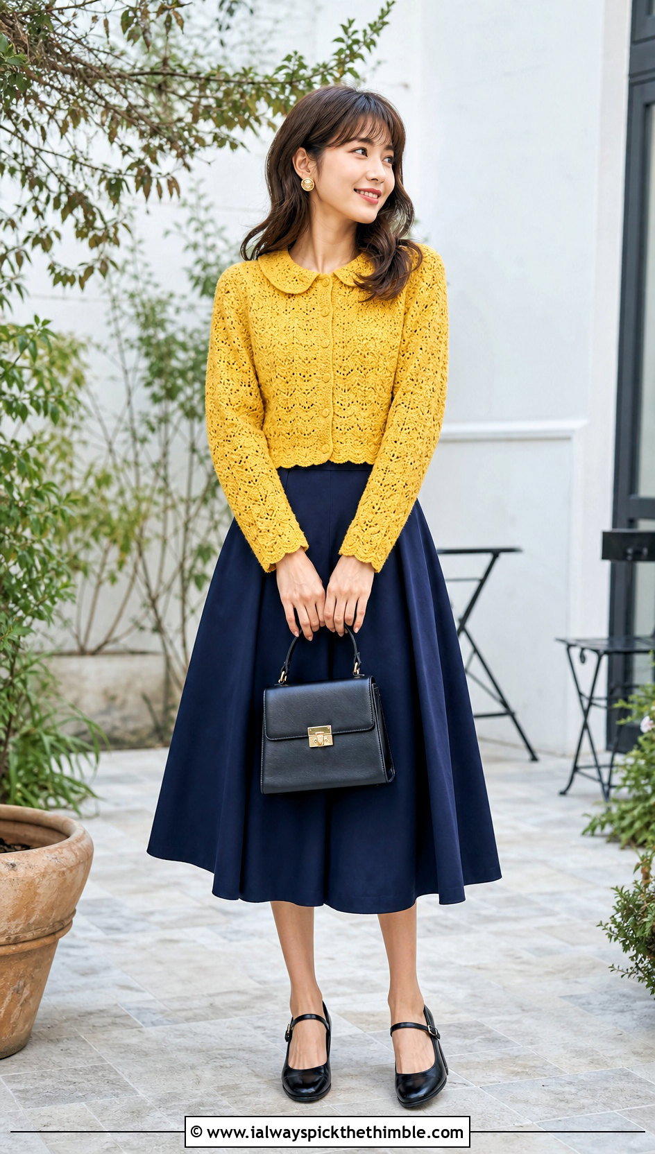 Peter Pan Collar Crochet Cardigan With A Line Skirt - 20 vintage crochet clothes and outfit ideas