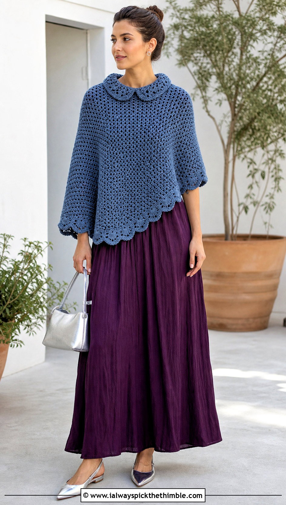 Peter Pan Collar Crochet Poncho With Maxi Dress - 20 Crochet Poncho With Collar outfit ideas