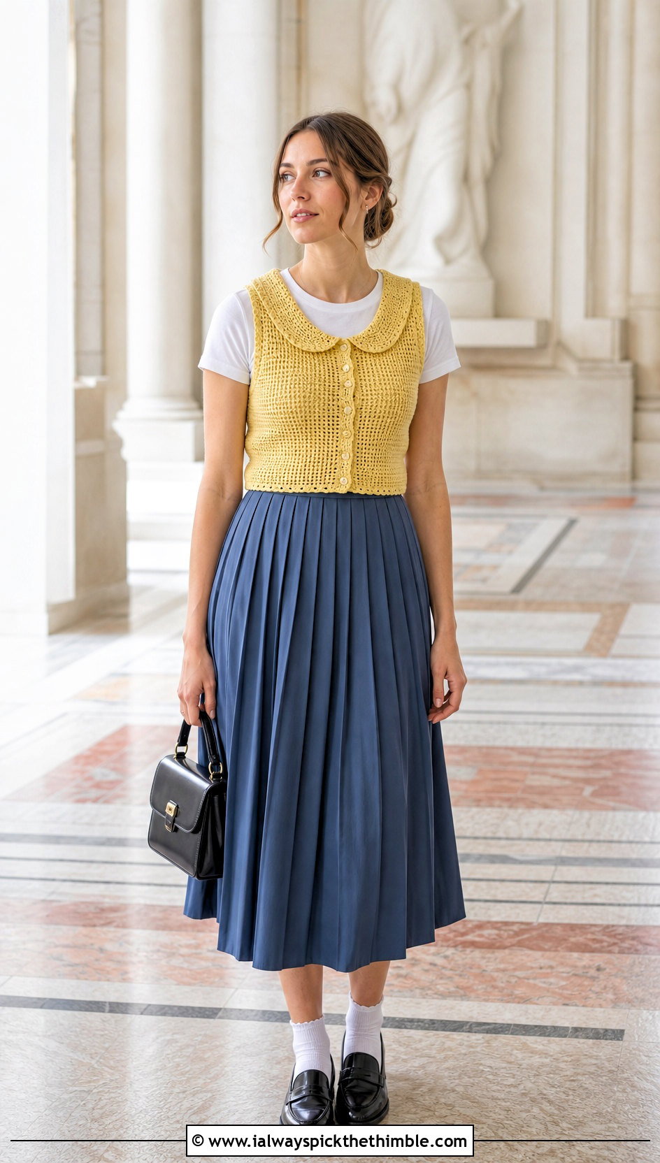 Peter Pan Collar Crochet Vest With Pleated Midi Skirt - 20 crochet vest with collar outfit ideas