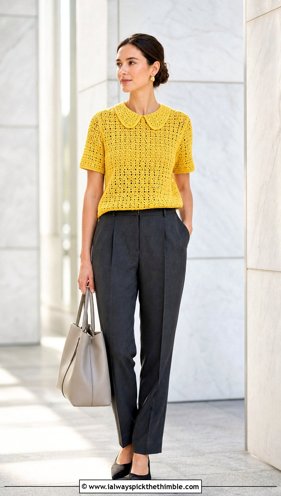 Peter Pan Crochet Collar Top With Tailored Trousers - 20 Crochet Collar Top outfit ideas