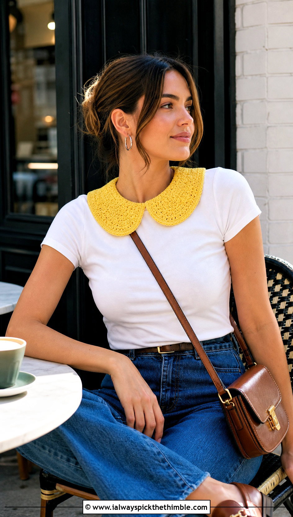 Peter Pan Crochet Doll Collar With T Shirt And Wide Leg Jeans - 20 Crochet Doll Collar outfit ideas