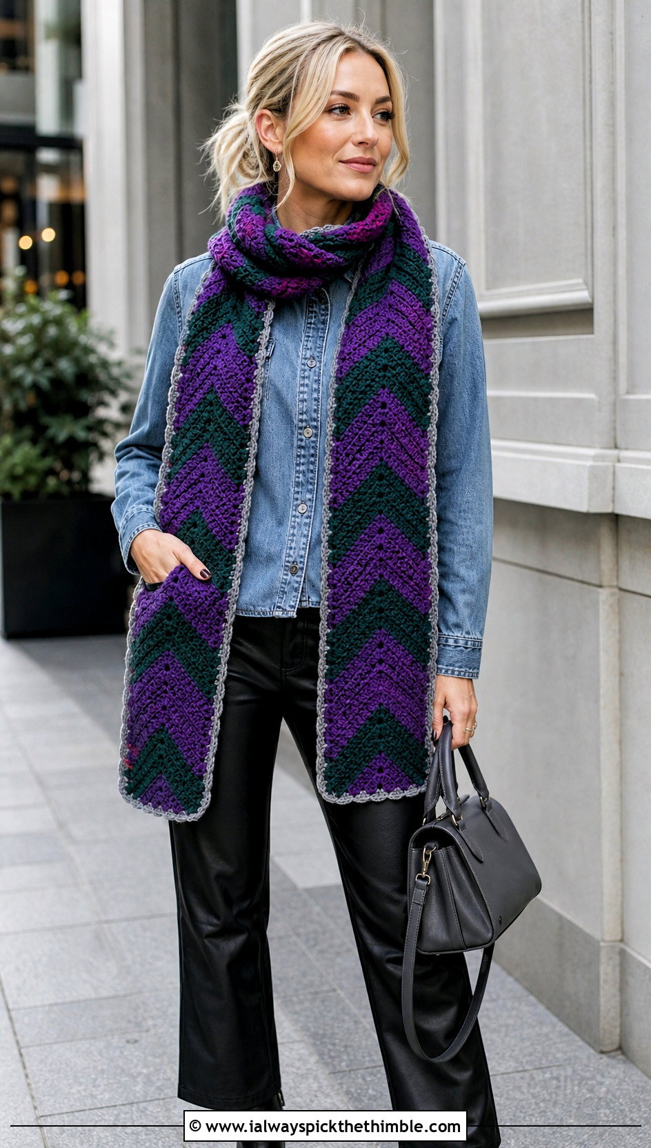 Philadelphia Eagles Chevron Crochet Scarf With Denim Shirt And Leather Pants - 20 Philadelphia Eagles Crochet Scarf outfit ideas