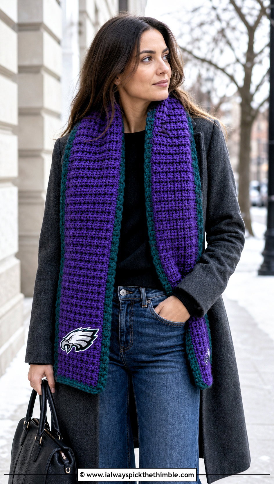 Philadelphia Eagles Chunky Ribbed Crochet Scarf With Wool Coat And Wide Leg Jeans - 20 Philadelphia Eagles Crochet Scarf outfit ideas