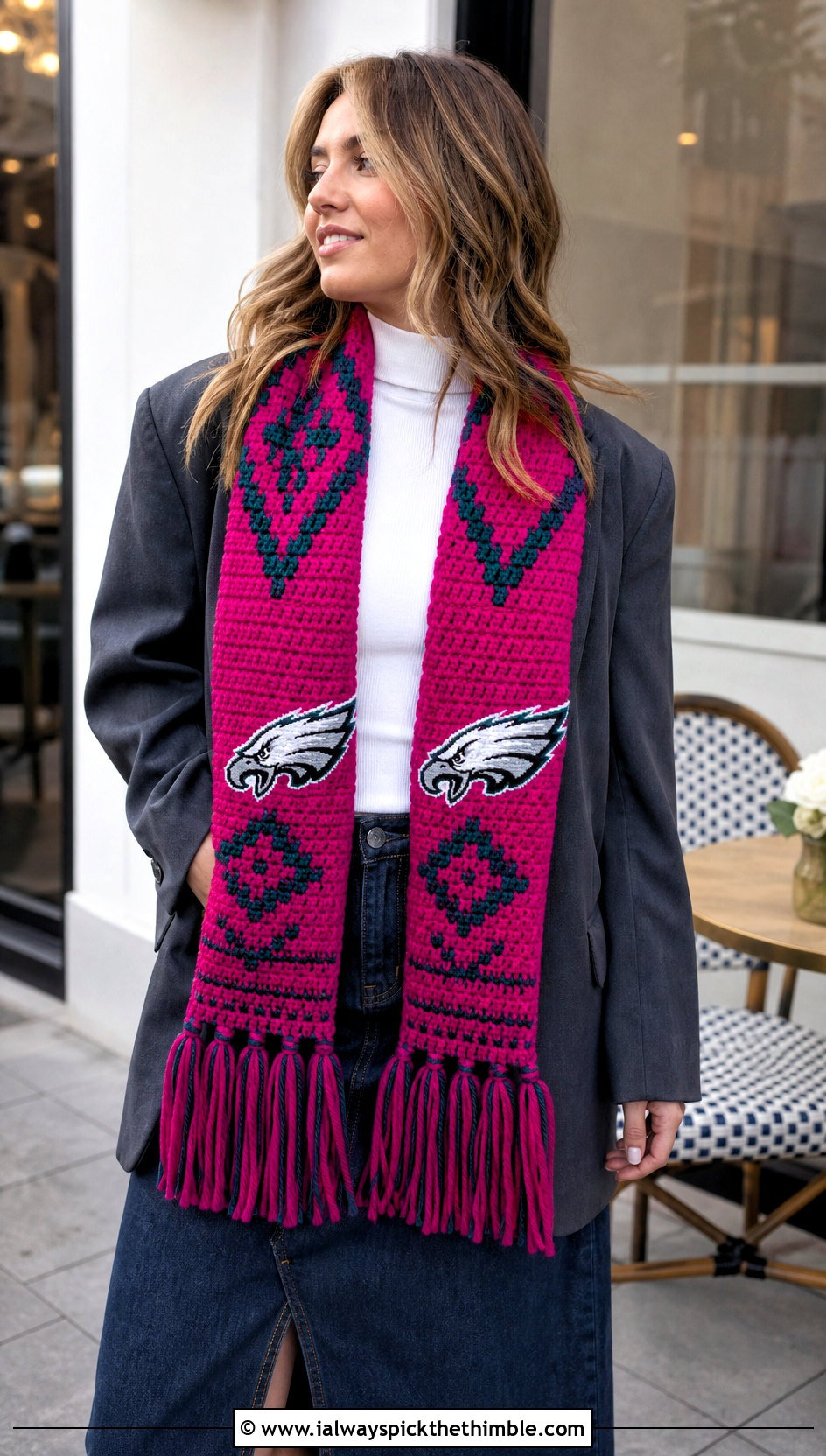 Philadelphia Eagles Fringe Crochet Scarf With Blazer And Denim Skirt - 20 Philadelphia Eagles Crochet Scarf outfit ideas