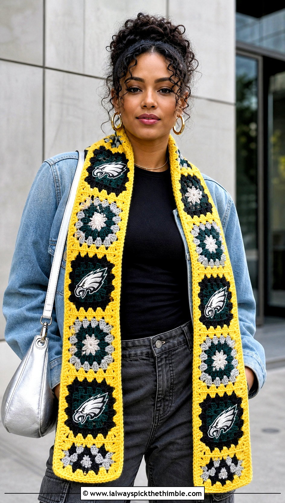 Philadelphia Eagles Granny Square Crochet Scarf With Denim Jacket And Cargo Pants - 20 Philadelphia Eagles Crochet Scarf outfit ideas