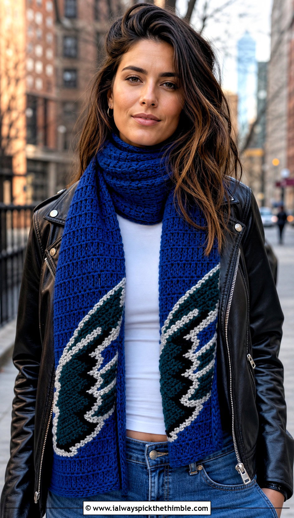 Philadelphia Eagles Graphgan Crochet Scarf With Leather Jacket And Jeans - 20 Philadelphia Eagles Crochet Scarf outfit ideas