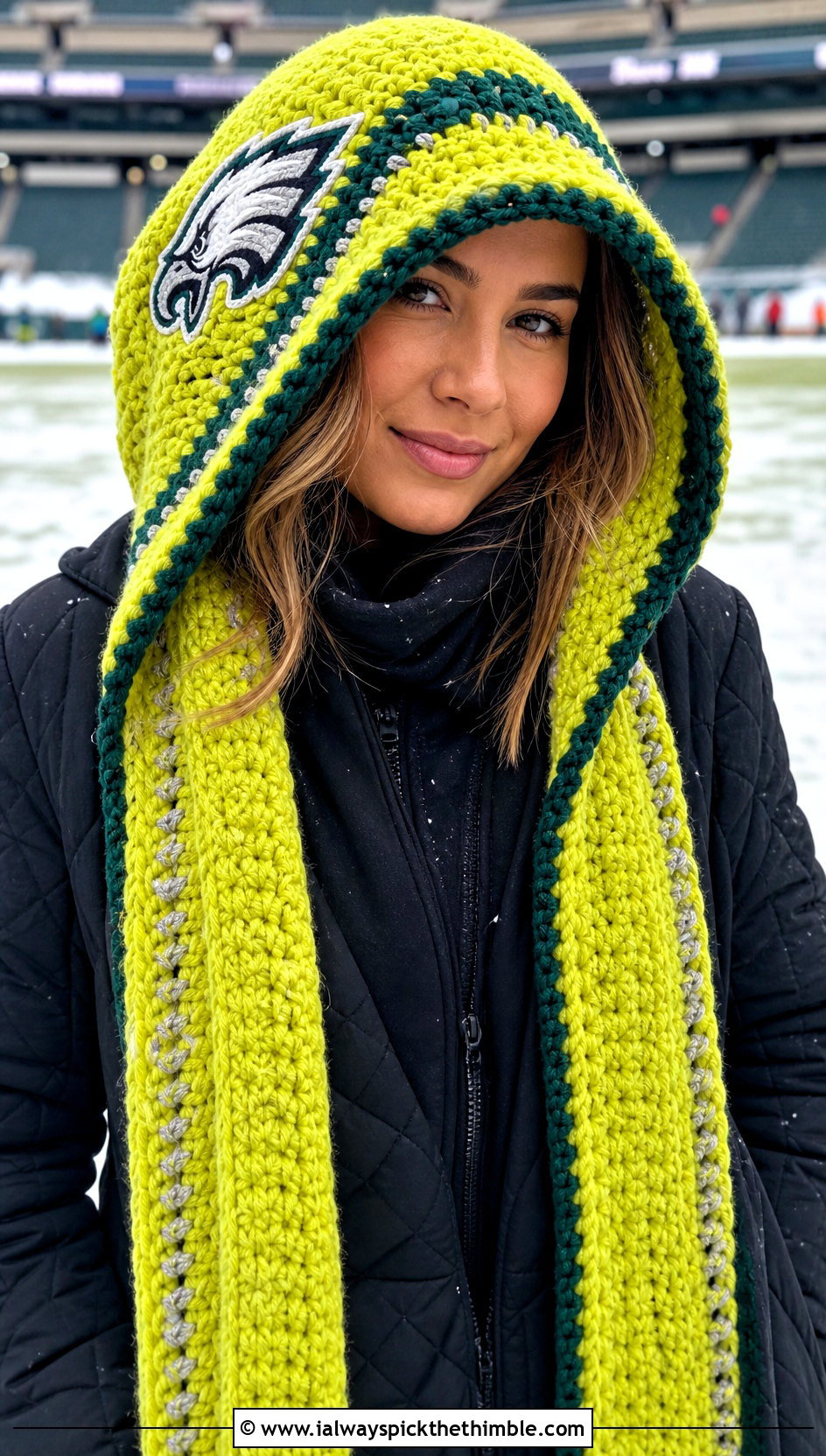 Philadelphia Eagles Hooded Crochet Scarf With Quilted Coat And Joggers - 20 Philadelphia Eagles Crochet Scarf outfit ideas