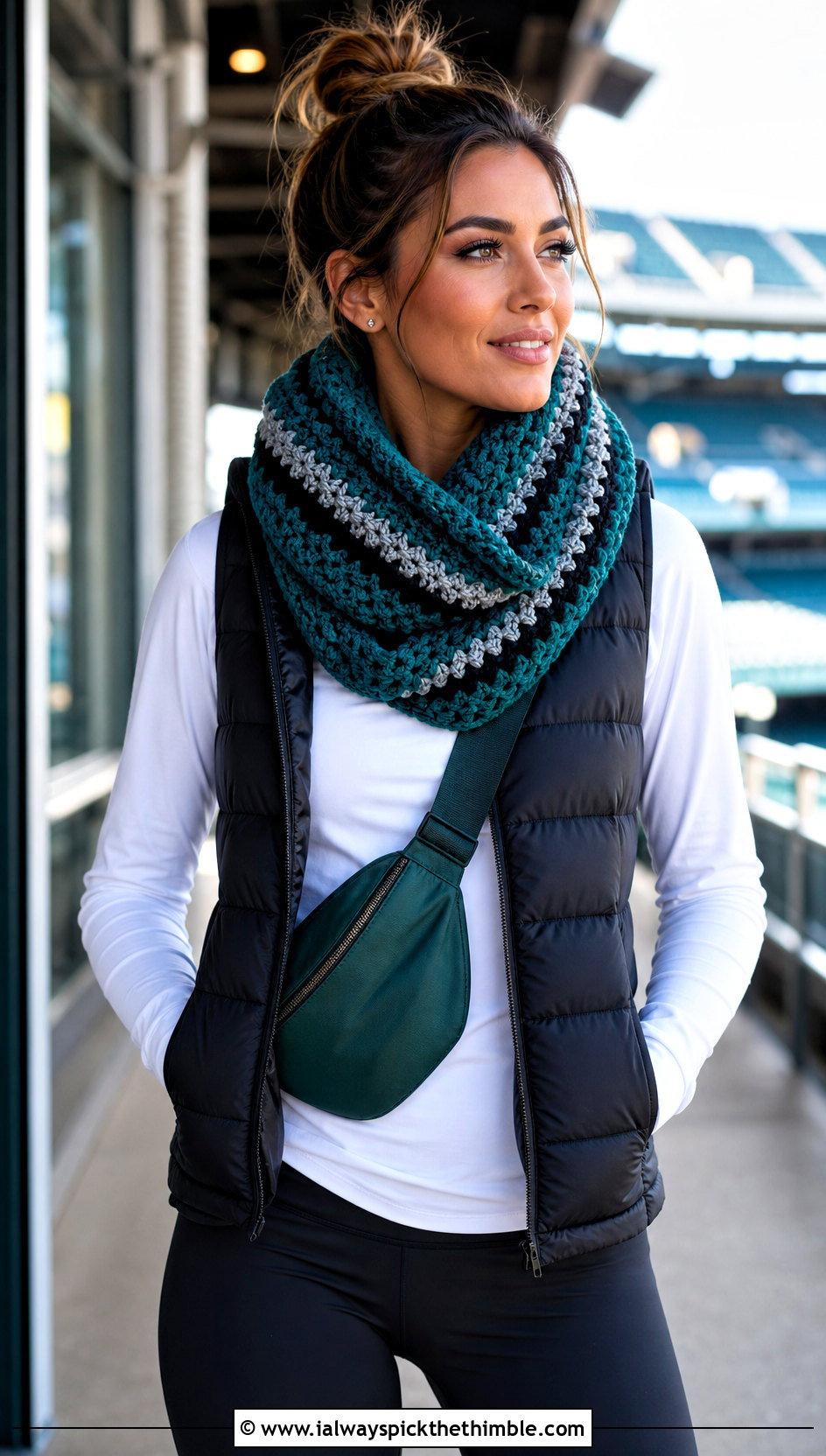 Philadelphia Eagles Infinity Crochet Scarf With Puffer Vest And Leggings - 20 Philadelphia Eagles Crochet Scarf outfit ideas
