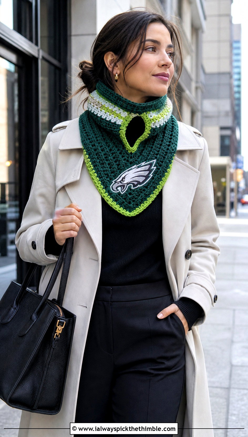 Philadelphia Eagles Keyhole Crochet Scarf With Trench Coat And Ankle Pants - 20 Philadelphia Eagles Crochet Scarf outfit ideas