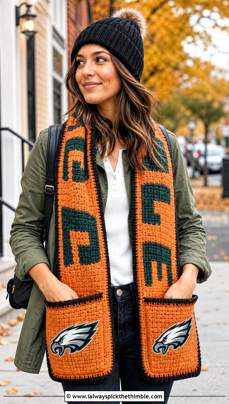 Philadelphia Eagles Pocket Crochet Scarf With Utility Jacket And Black Jeans - 20 Philadelphia Eagles Crochet Scarf outfit ideas