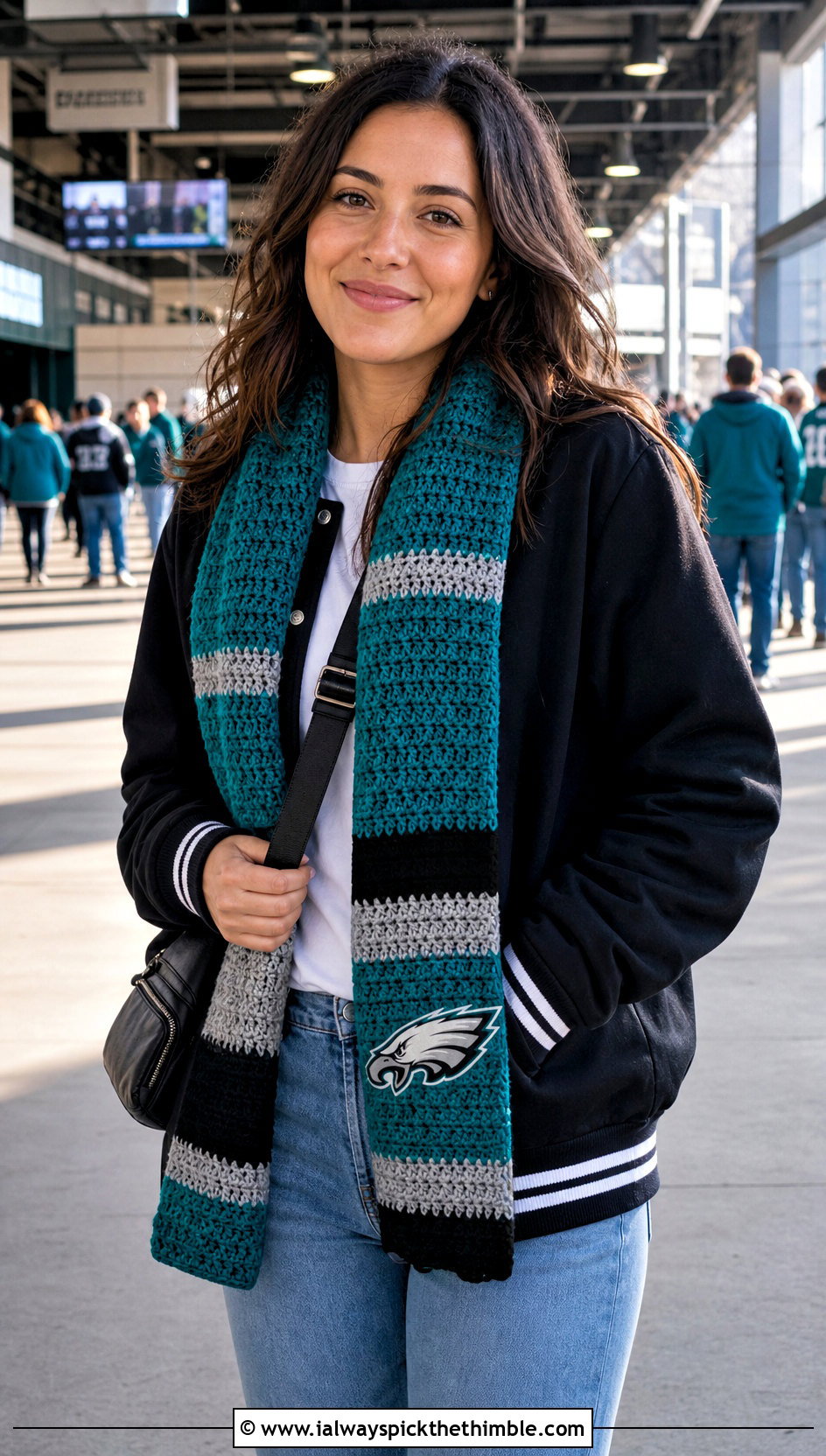 Philadelphia Eagles Striped Crochet Scarf With Varsity Jacket And Straight Jeans - 20 Philadelphia Eagles Crochet Scarf outfit ideas
