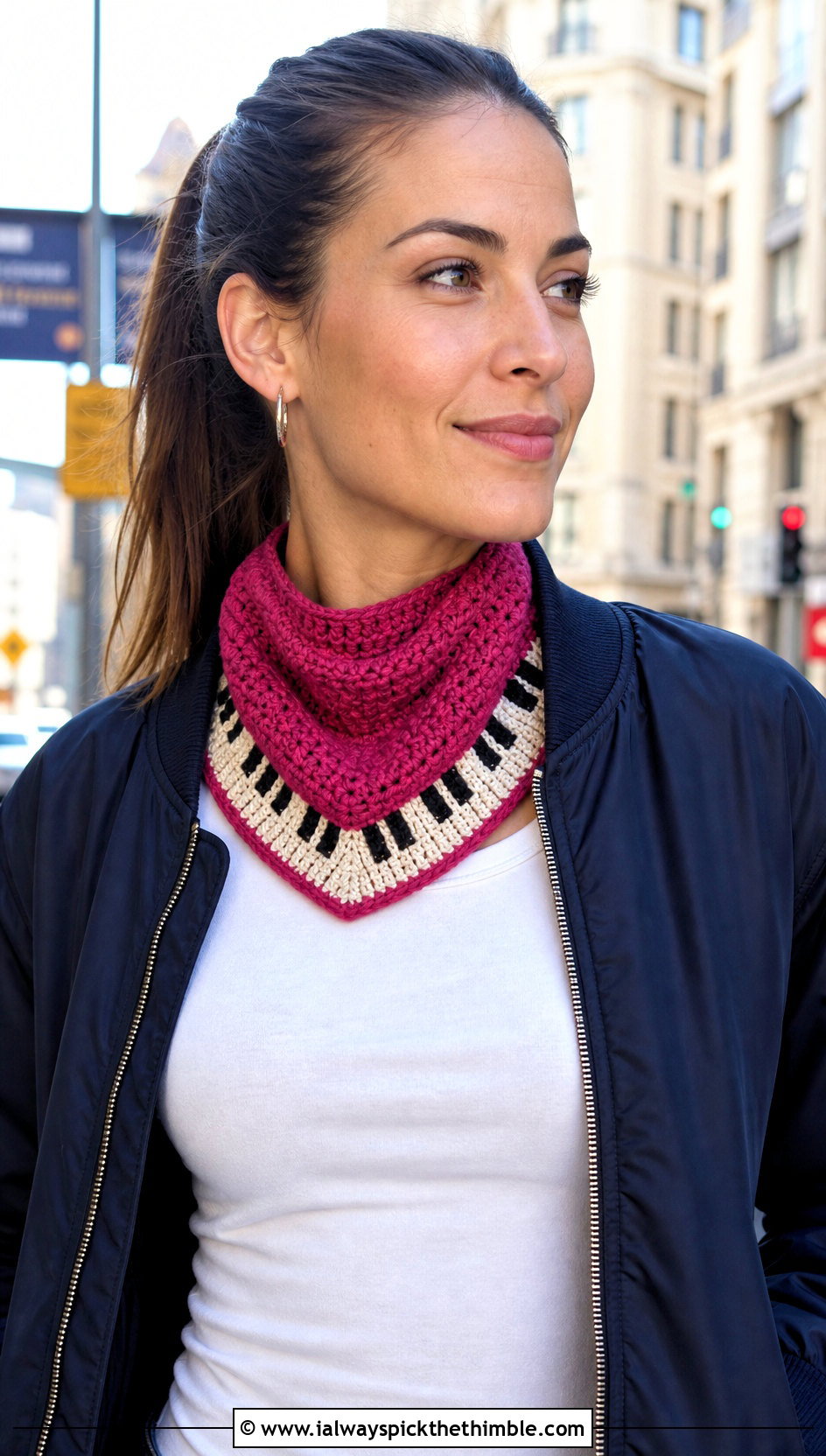 Piano Bandana Crochet Scarf With Bomber Jacket - 25 crochet piano scarf outfit ideas