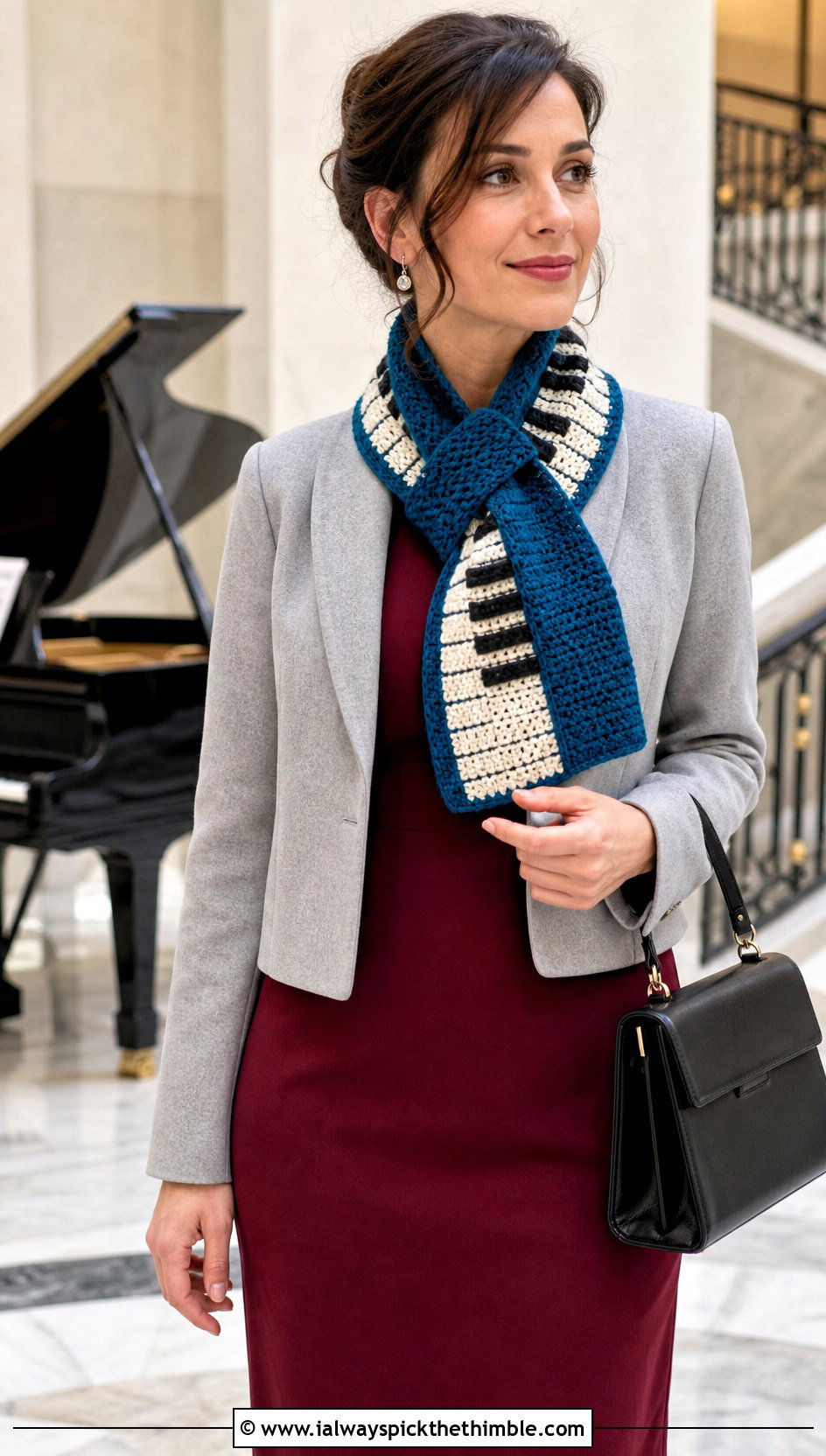 Piano Keyhole Crochet Scarf With Midi Dress - 25 crochet piano scarf outfit ideas
