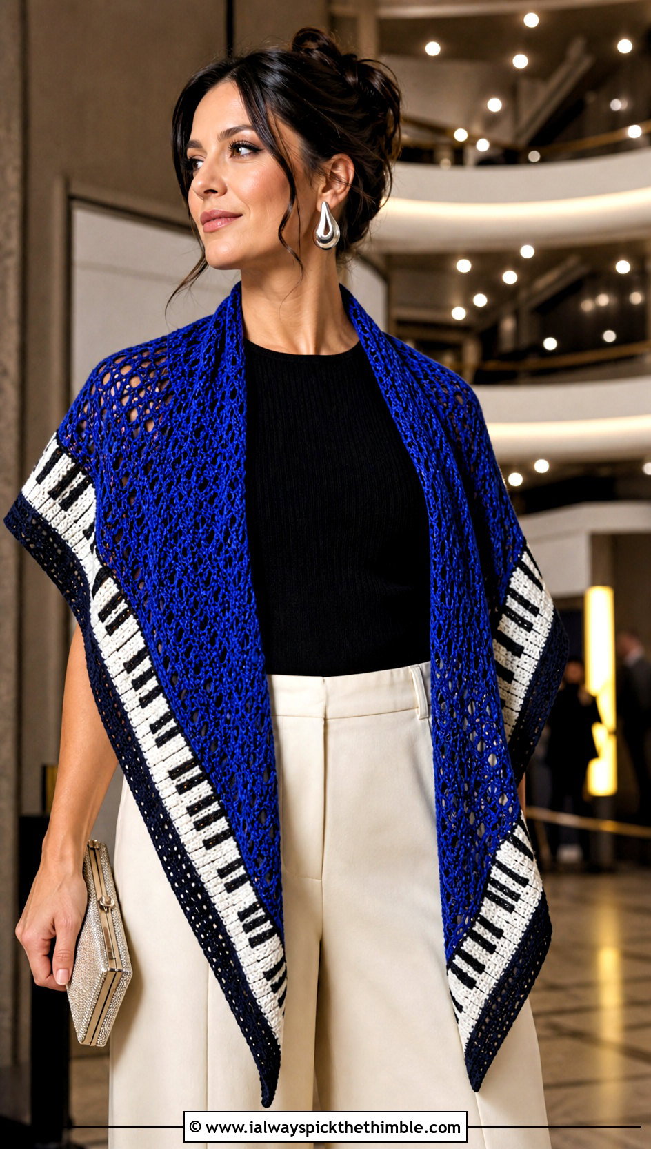 Piano Shawl Crochet Scarf With Wide Leg Trousers - 25 crochet piano scarf outfit ideas