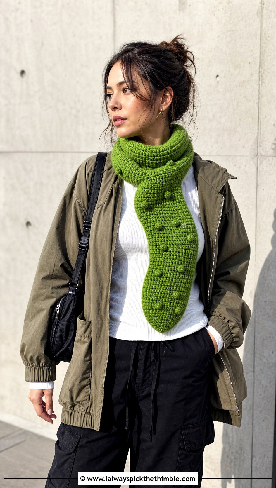 Pickle Crochet Scarf With Utility Jacket - 15 Funny Crochet Scarf outfit ideas