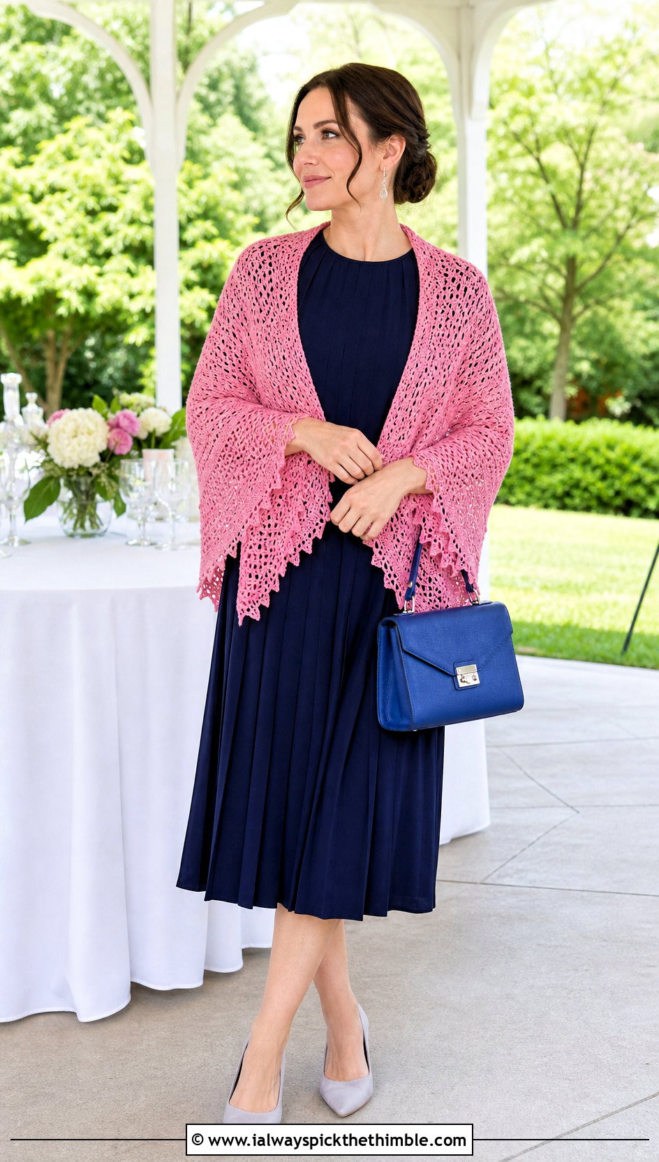Picot Border Virus Shawl With Pleated Midi Dress - 25 crochet virus shawl outfit ideas