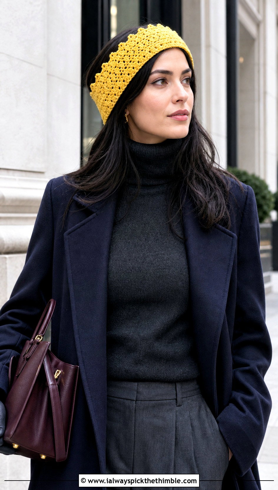 Picot Crochet Crown Ear Warmer With Wool Coat And Trousers - 20 crochet crown ear warmer outfit ideas