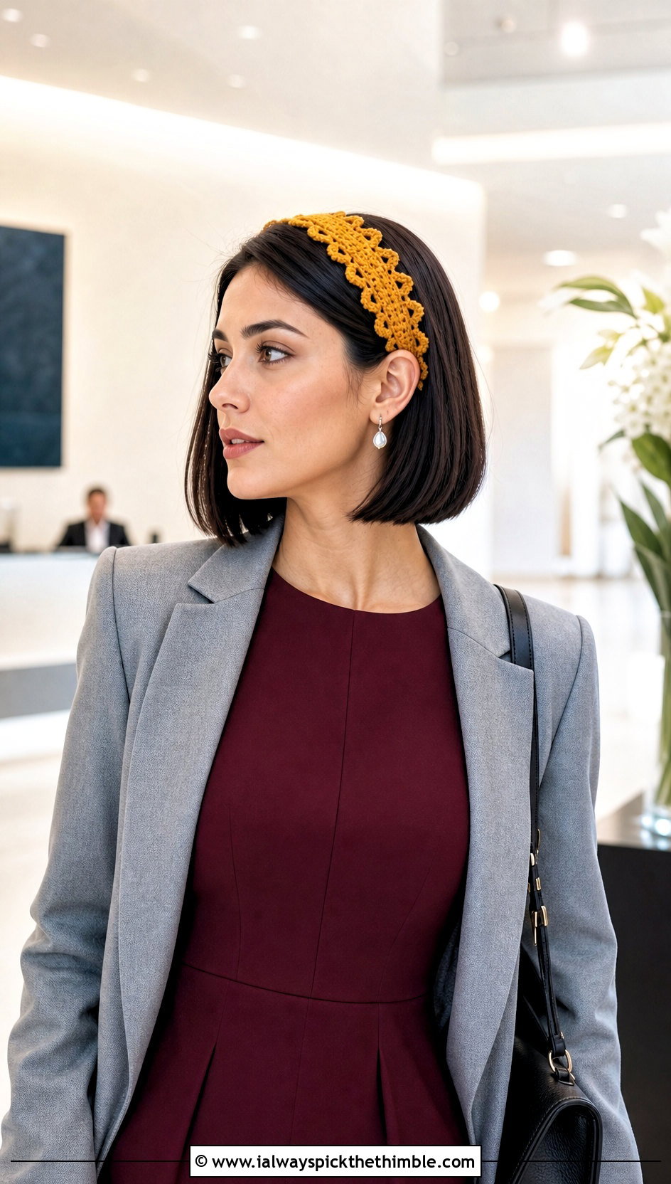 Picot Crochet Headband With Blazer And Midi Dress - 20 crochet headband for women outfit ideas