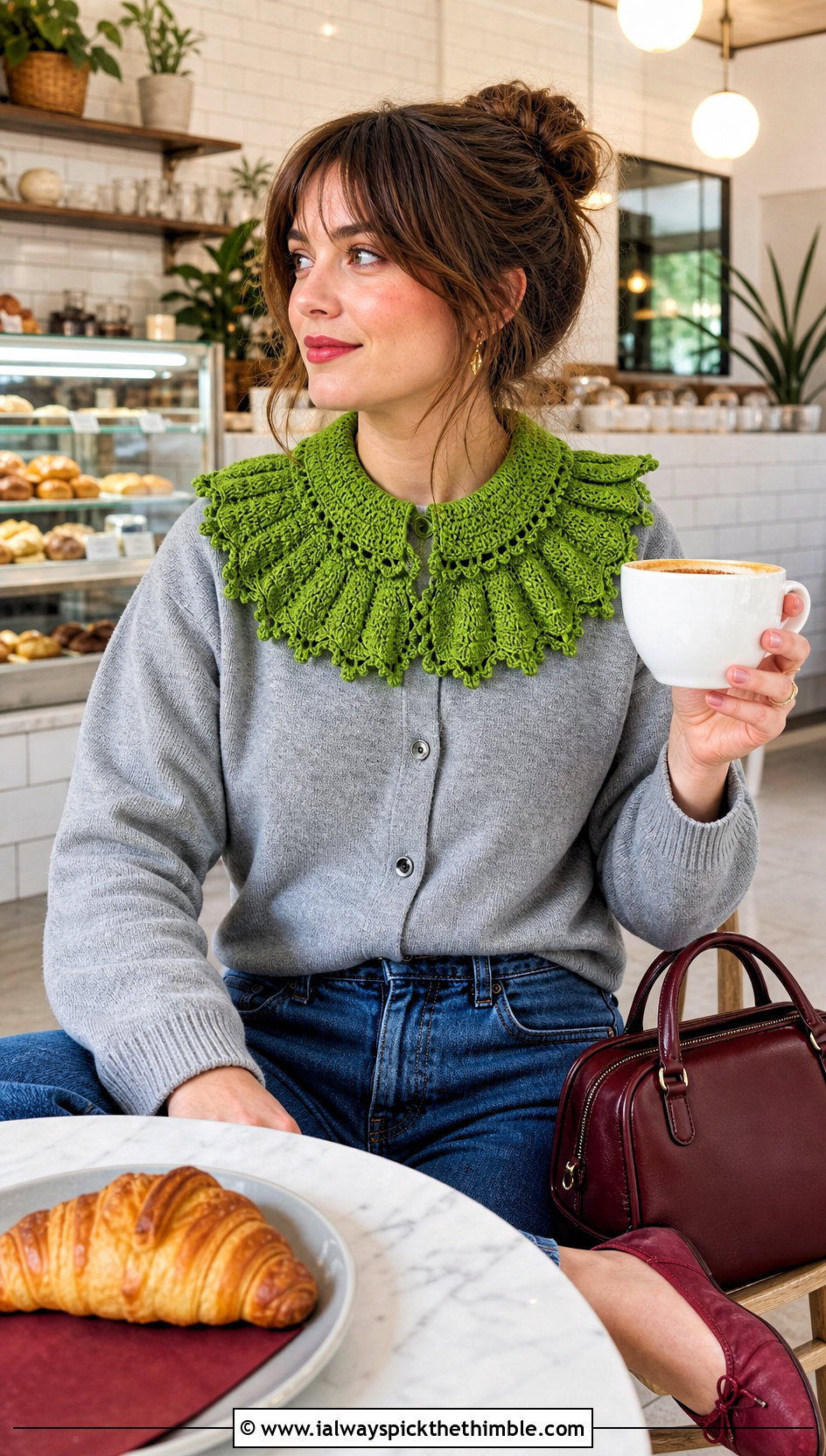 Picot Edge Clown Crochet Ruffle Collar With Cardigan And Jeans - 20 Clown Crochet Ruffle Collar outfit ideas