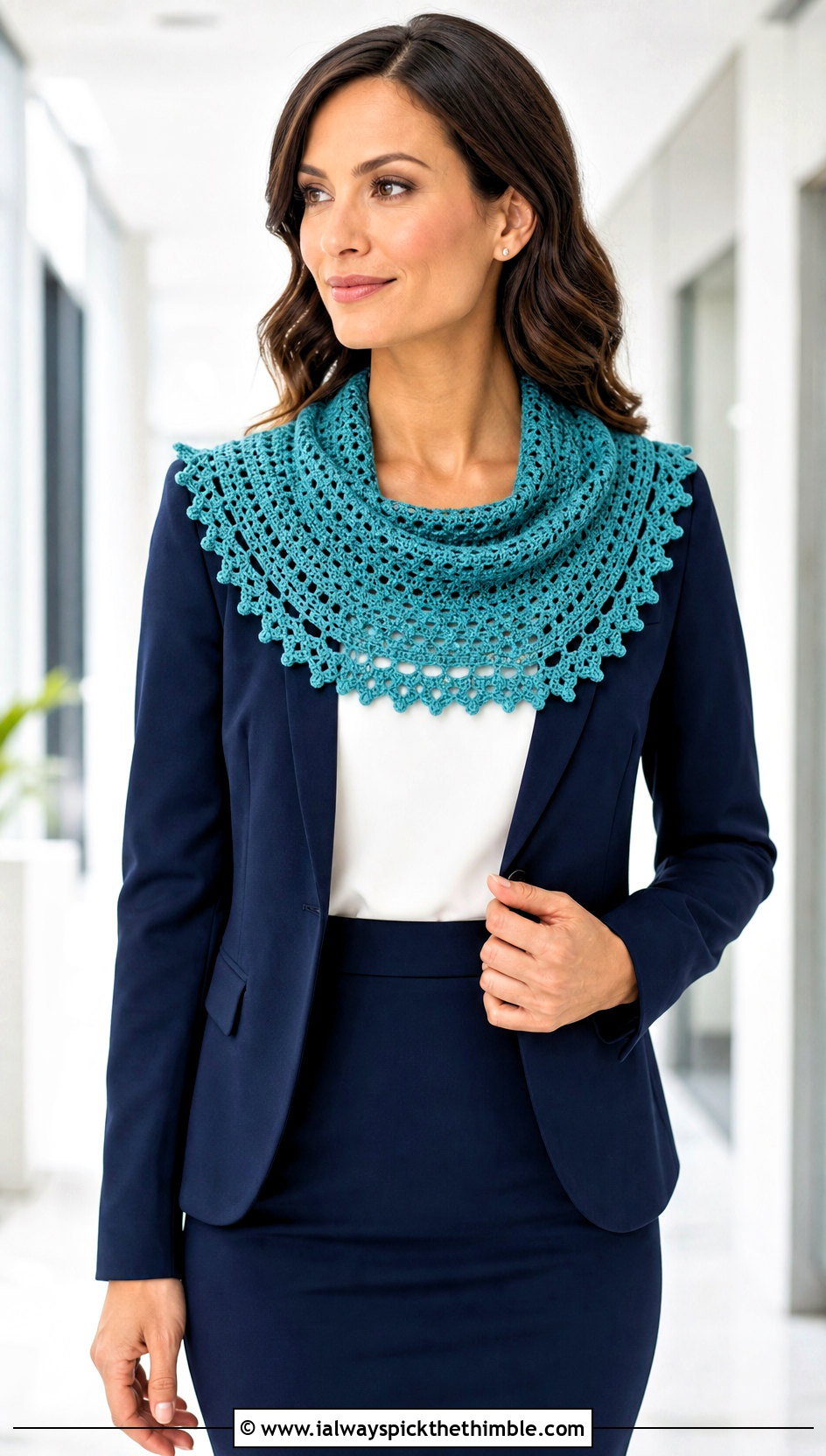 Picot Edge Crescent Crochet Shawl With Blazer And Pencil Skirt - 20 Crescent Crochet Shawl outfit ideas