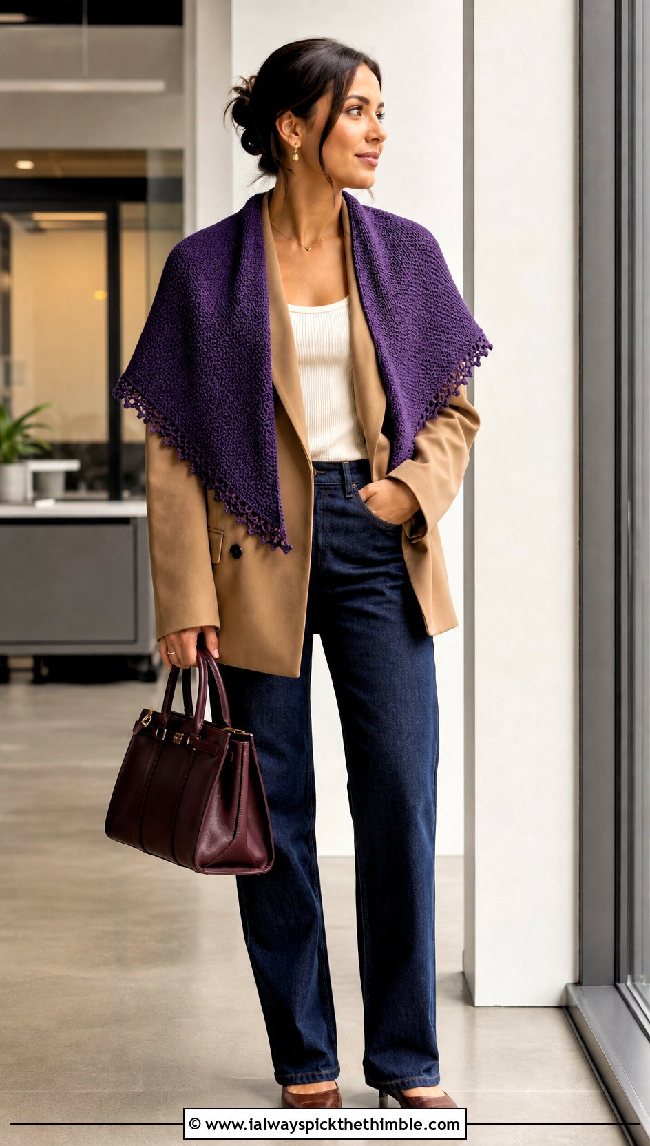 Picot Edge Crescent Moon Shawl With Blazer And Jeans - 15 Crochet Moon Shawl outfit ideas