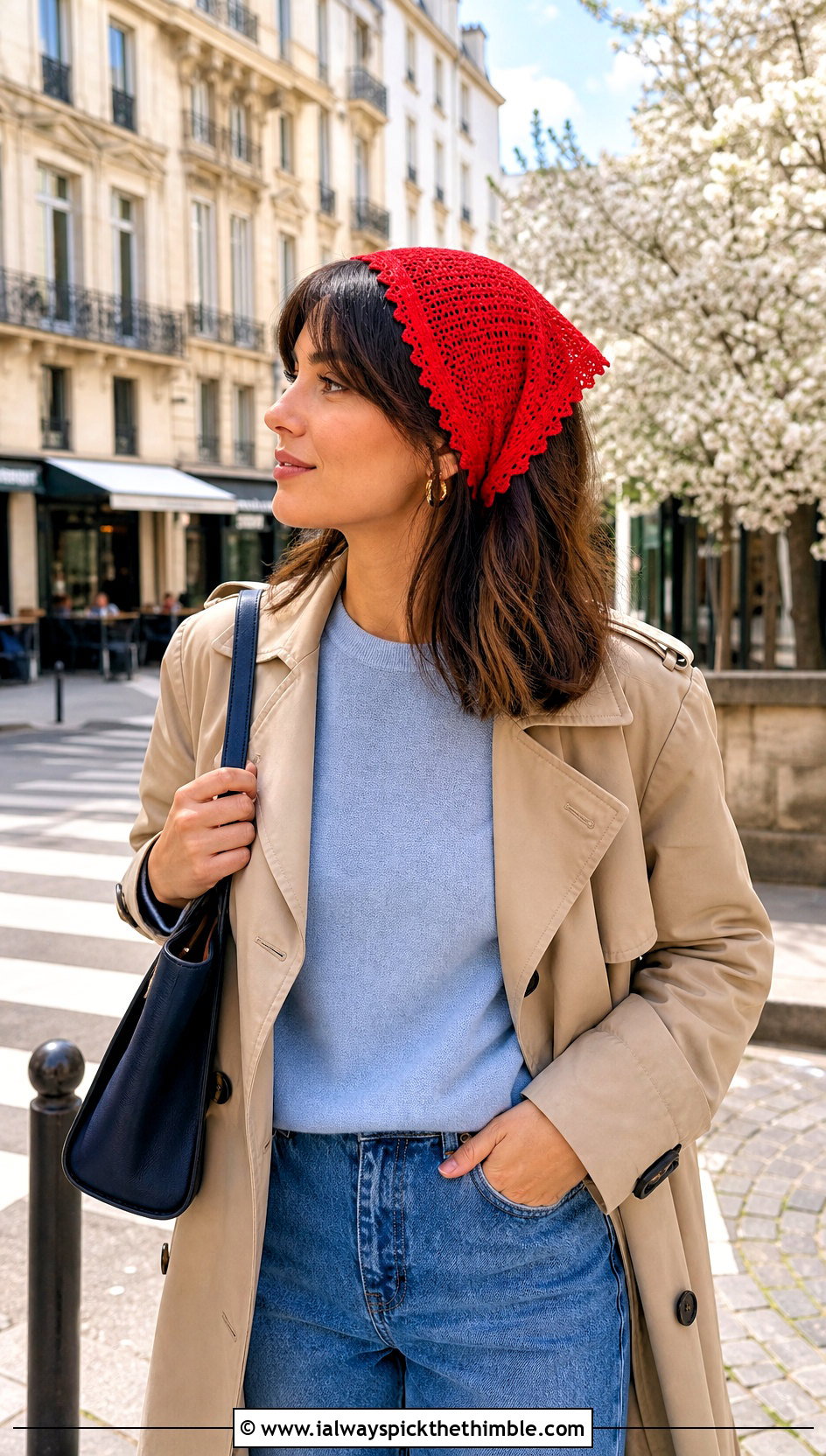 Picot Edge Crochet Bandana With Trench Coat And Straight Jeans - 20 crochet bandana hair scarf outfit ideas