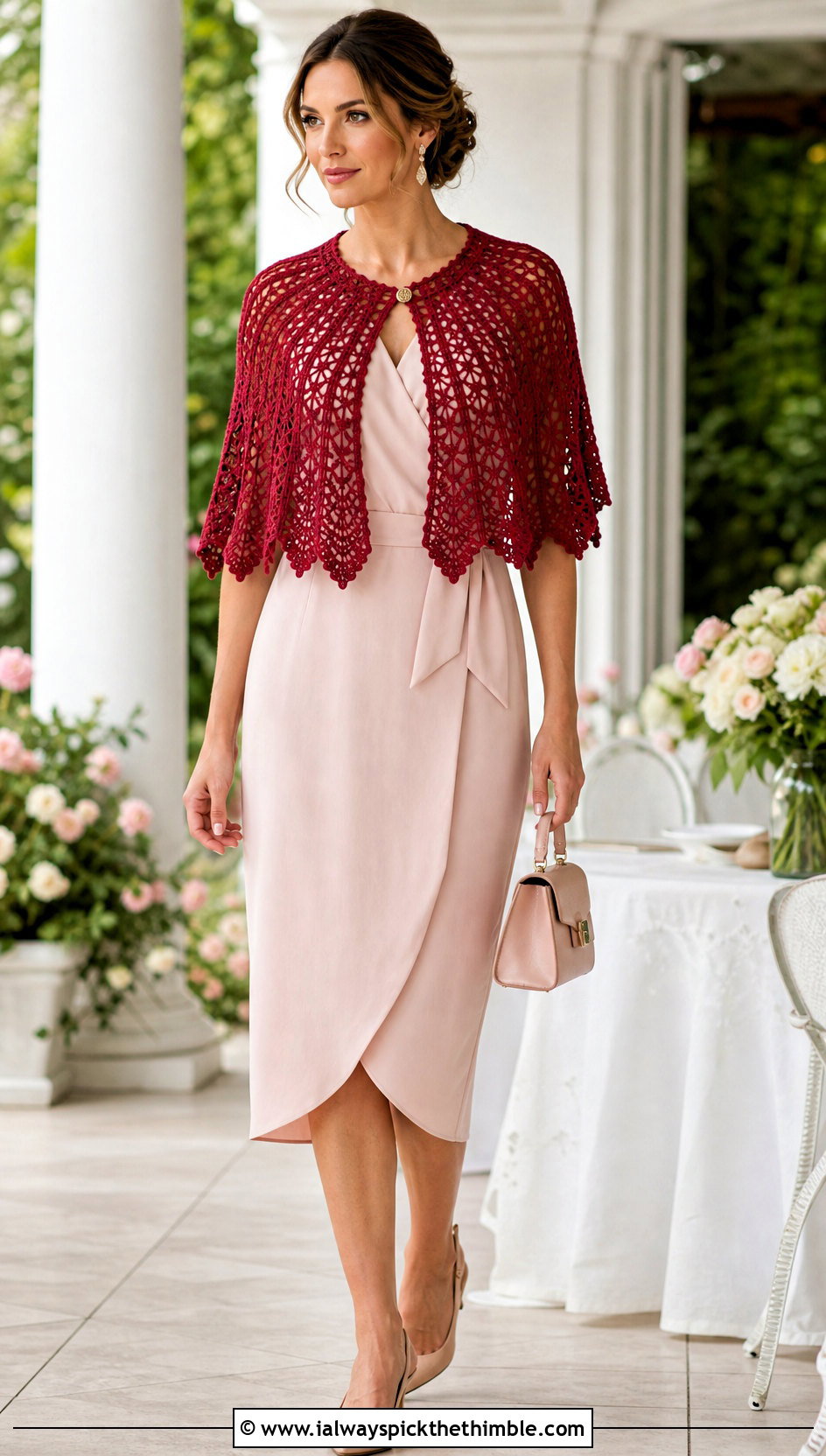 Picot Edge Crochet Capelet With Wrap Dress - 25 crochet capelet outfit ideas