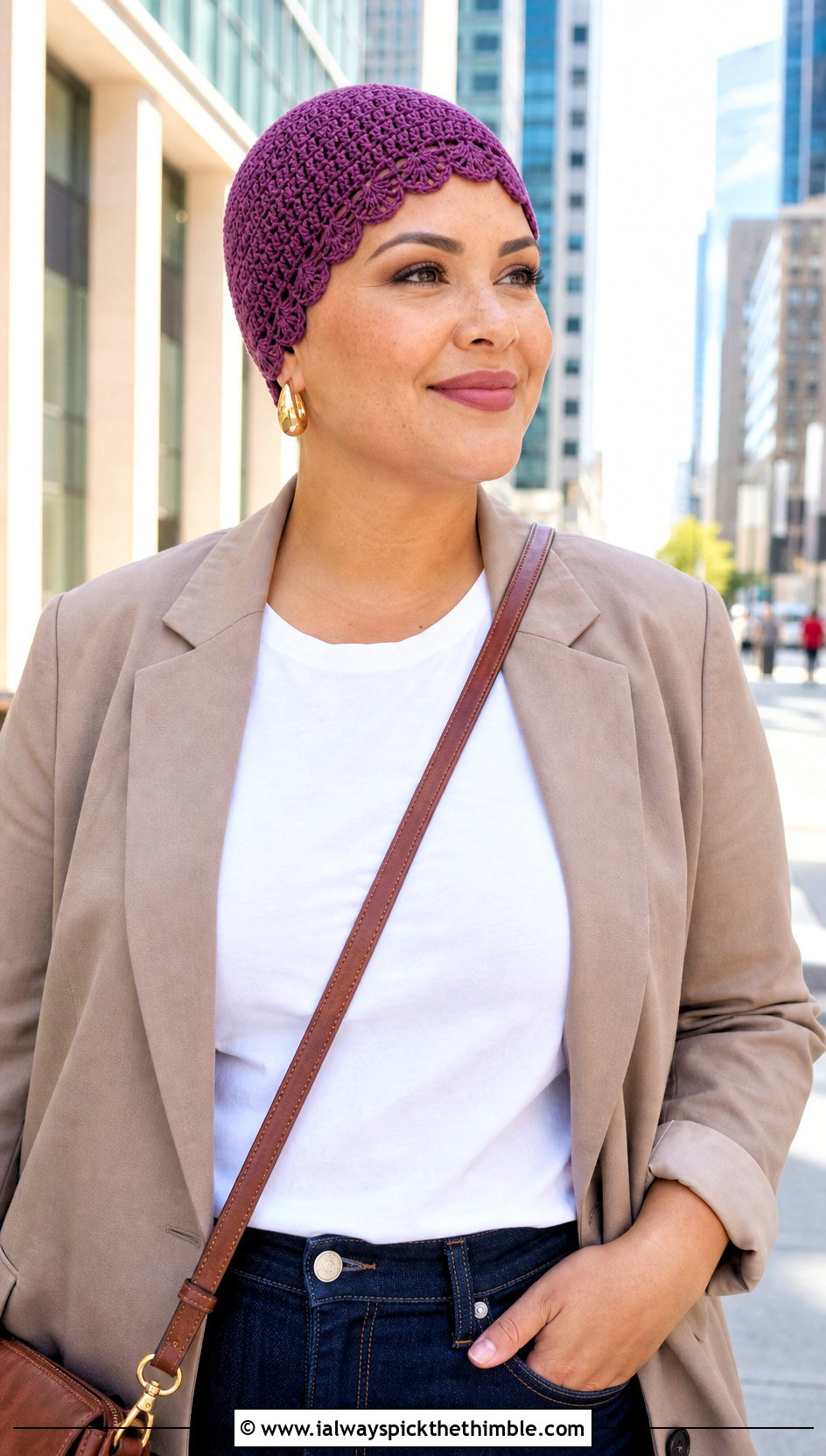 Picot Edge Crochet Chemo Cap With Blazer And Jeans - 25 crochet chemo caps outfit ideas