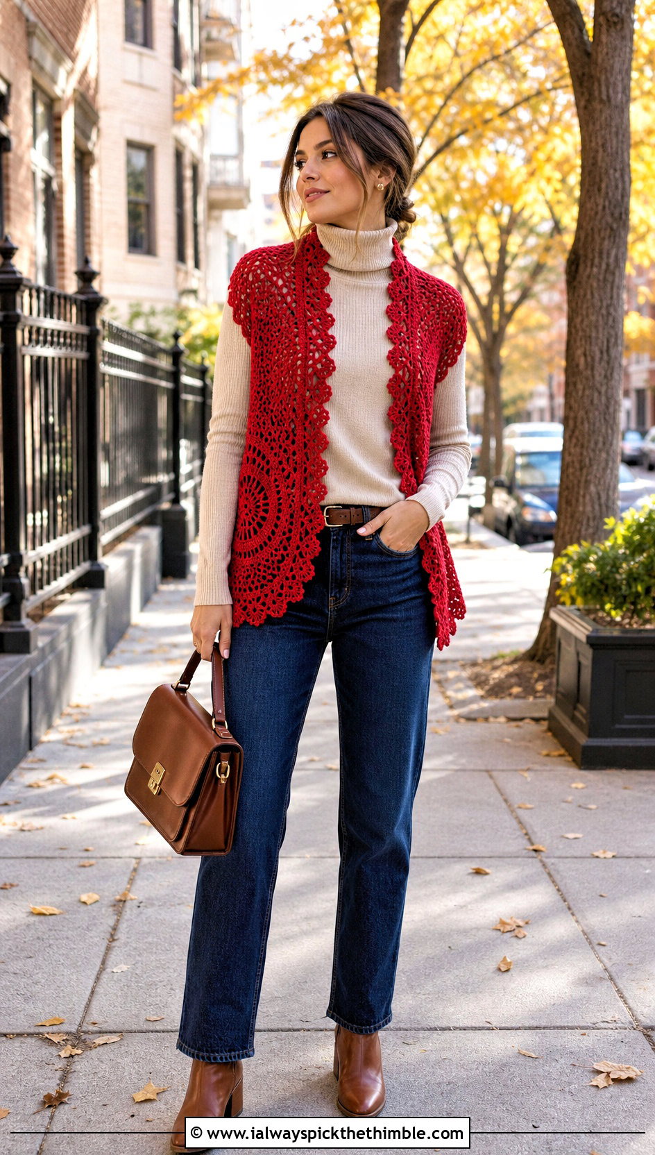 Picot Edge Crochet Circle Vest With Turtleneck And Jeans - 25 crochet circle vest outfit ideas