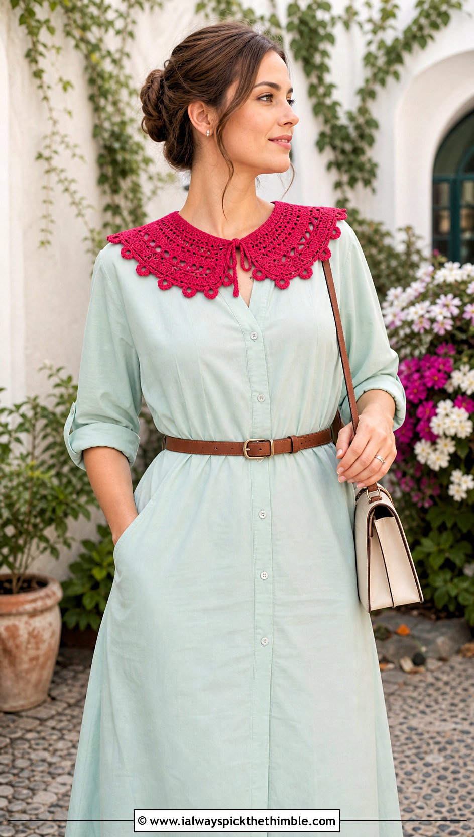 Picot Edge Crochet Clown Collar With Shirt Dress And Ballet Flats - 25 crochet clown collar outfit ideas