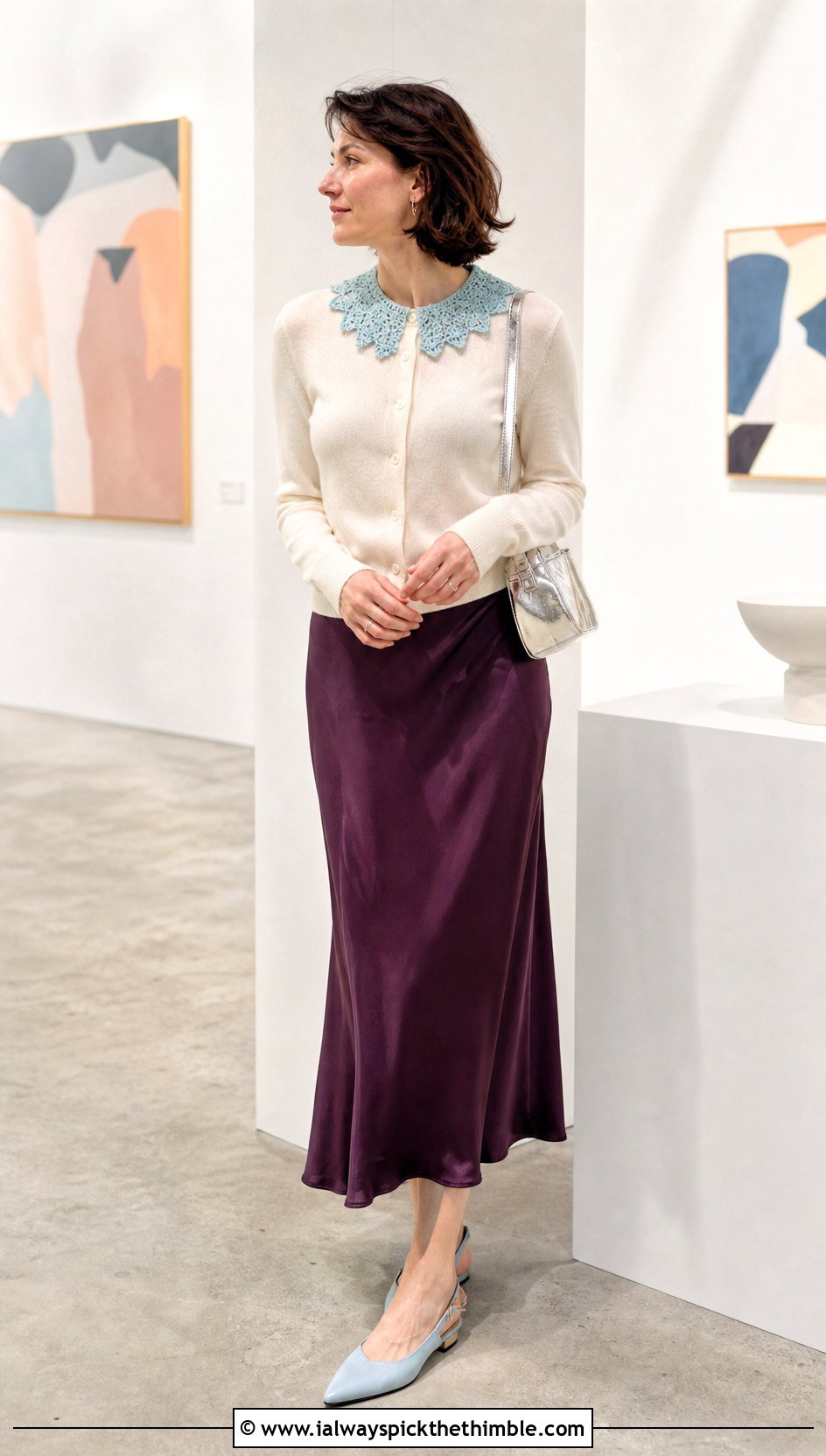 Picot Edge Crochet Collar With Cardigan And Satin Skirt - 15 beginner crochet collar outfit ideas