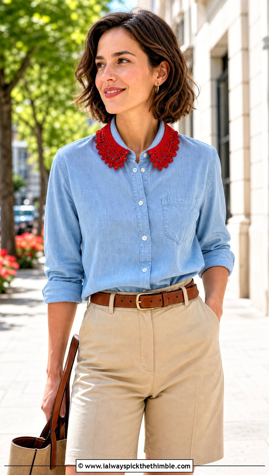 Picot Edge Crochet Collar With Chambray Shirt And Bermuda Shorts - 25 crochet collar outfit ideas