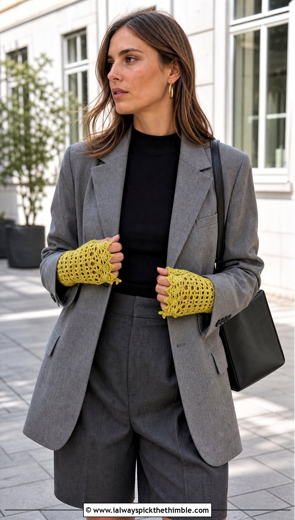 Picot Edge Crochet Fingerless Gloves With Blazer And Shorts - 20 Simple Crochet Fingerless Gloves outfit ideas
