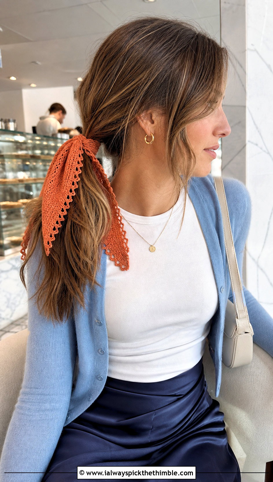 Picot Edge Crochet Hair Tie Scarf With Satin Skirt - 25 crochet hair scarf outfit ideas