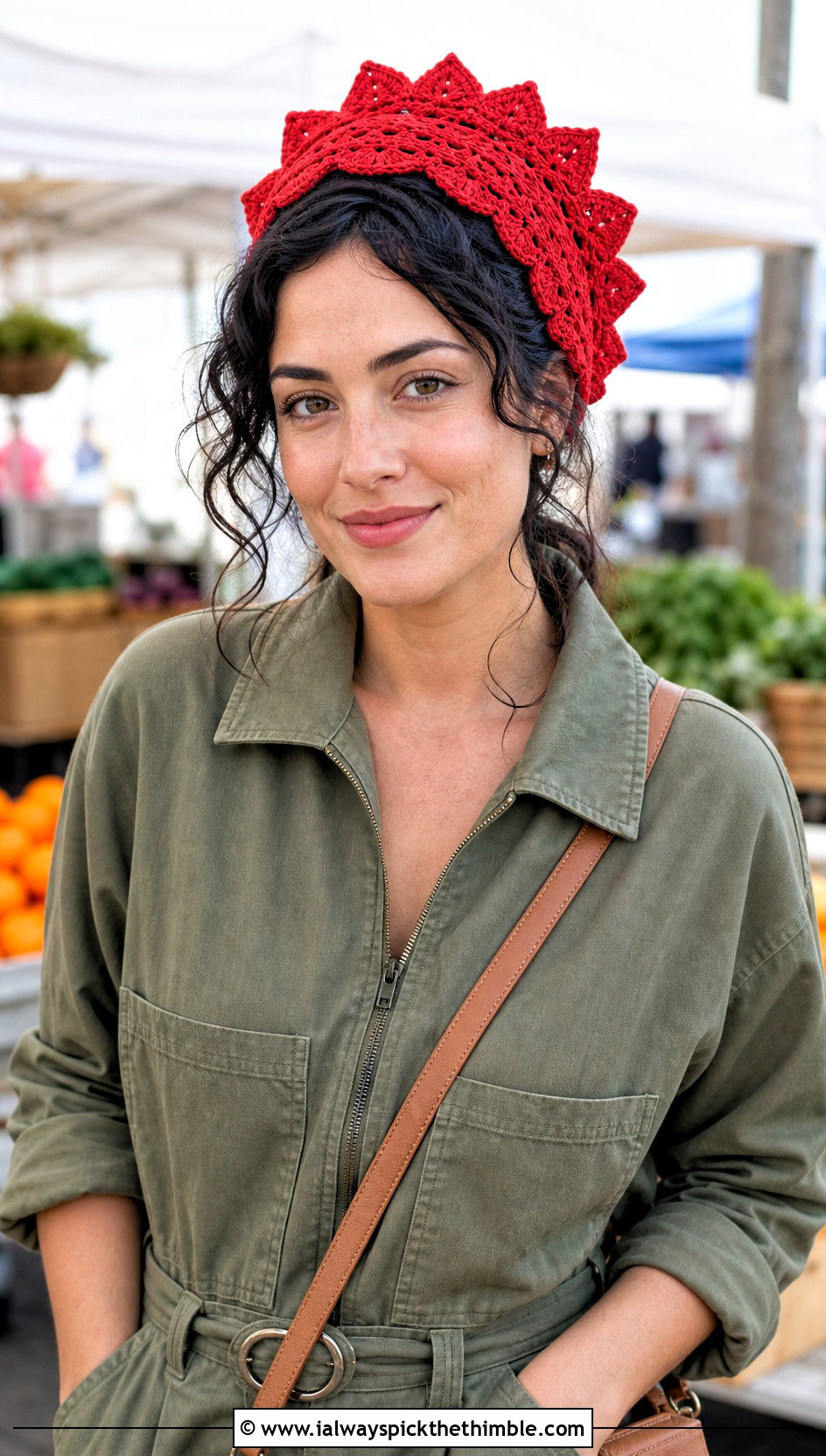 Picot Edge Crochet Hair Wrap With Utility Jumpsuit - 25 crochet hair wrap outfit ideas