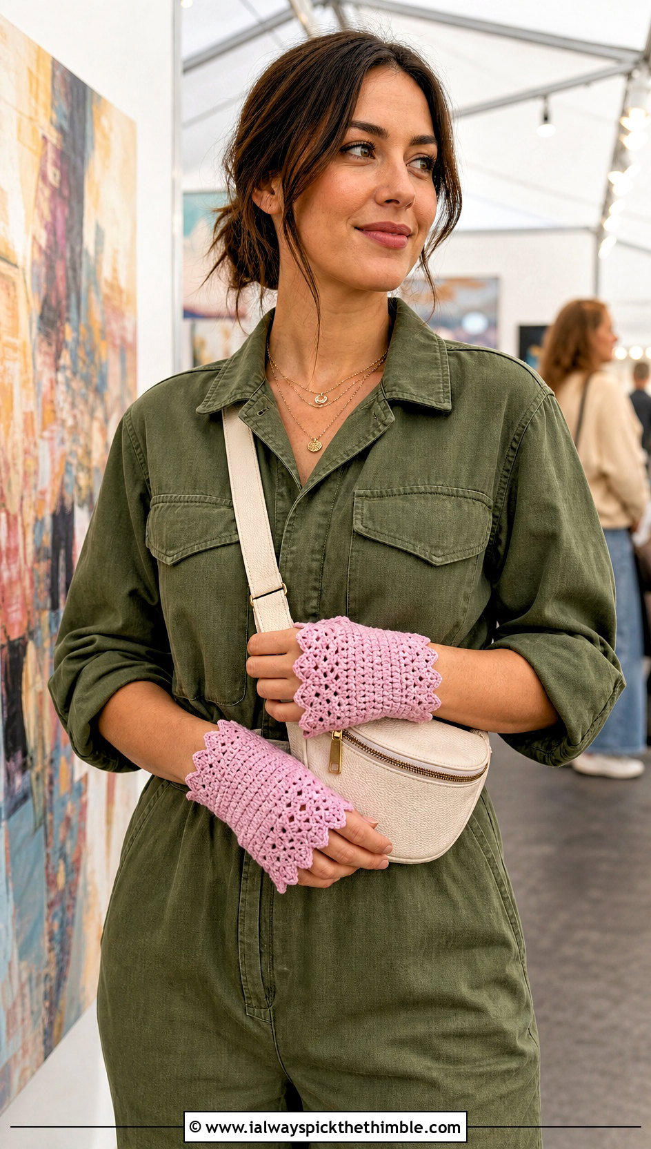 Picot Edge Crochet Handlets With Utility Jumpsuit - 20 crochet lace gloves outfit ideas