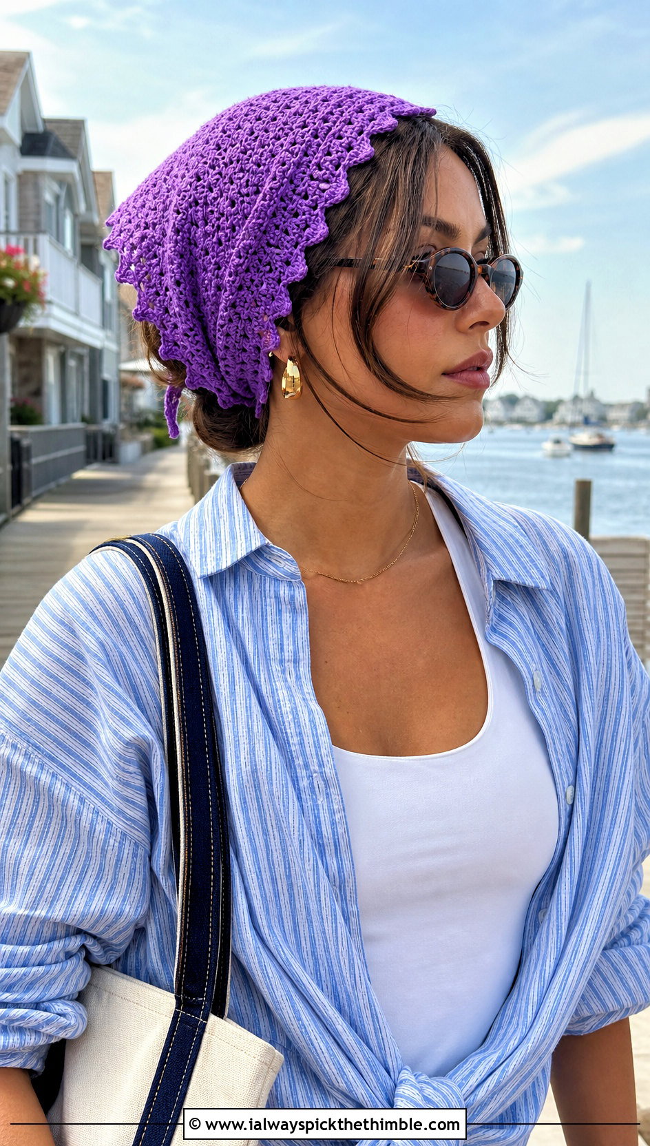Picot Edge Crochet Head Scarf With Striped Shirt - 20 Crochet Boho Head Scarf outfit ideas